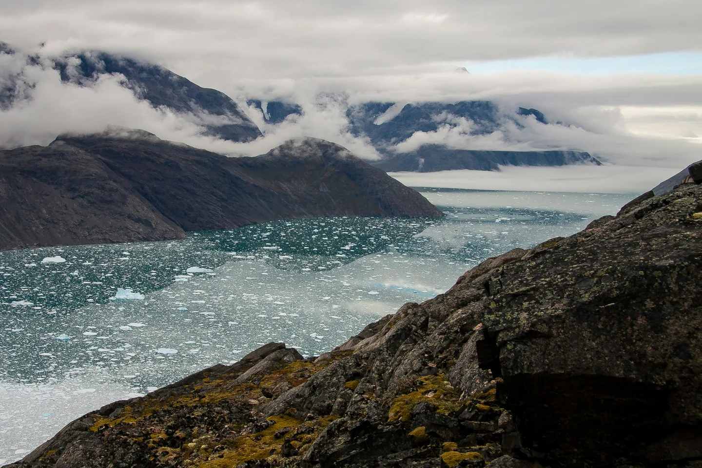 An ice-filled fjord between dark mountains beneath low cloud