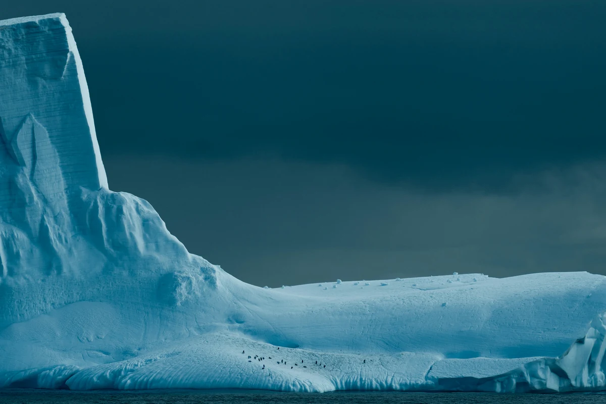 A sculpted blue-white iceberg rises above the water, with a small group of penguins standing on its lower edge.