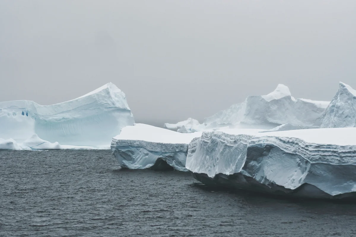 Pale blue, sculpted icebergs rise above dark water beneath a grey sky.